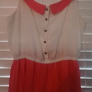 Ali & Kris Coral and White Spaghetti Strap Mini Dress W/ Pleated Skirt Size S